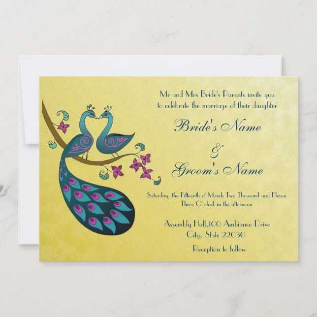 Peacock -Peahen Wedding invitation, mustard yellow Invitation (Front)