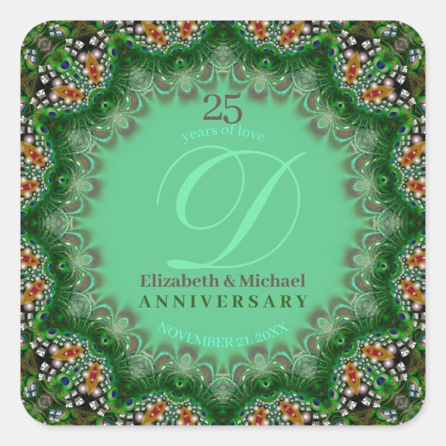 Peacock Pearl Fractal Lace Anniversary Square Sticker (Front)