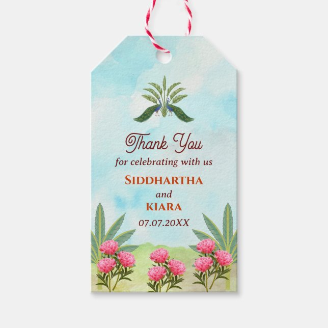 Peacock peonies Indian wedding thank you Gift tag (Front)
