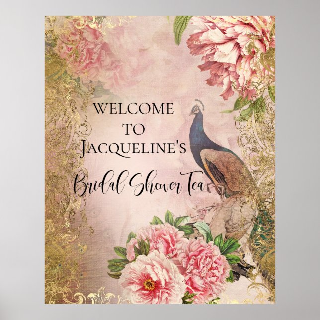 Peacock Peony Floral Pink Gold Bridal Shower Tea Poster (Front)