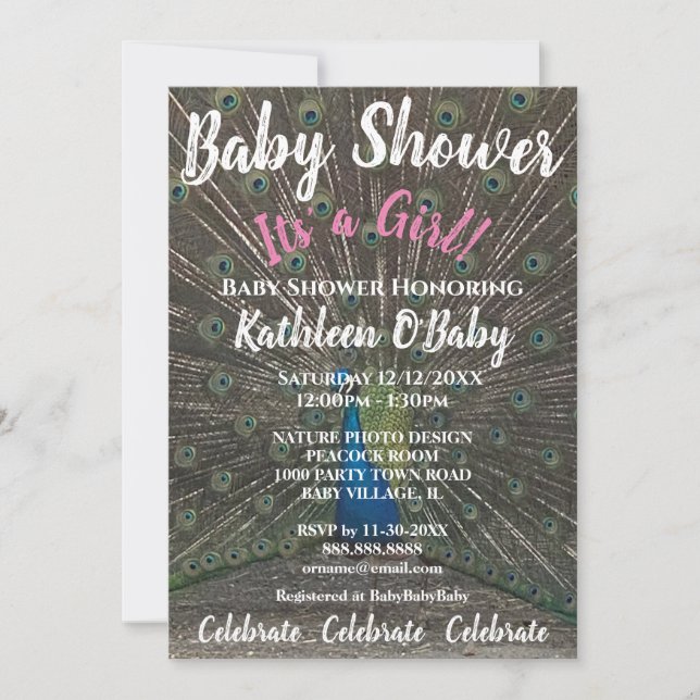 PEACOCK PHOTO BABY GIRL SHOWER INVITATION (Front)