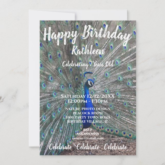 PEACOCK PHOTO BIRTHDAY CELEBRATION INVITATION (Front)