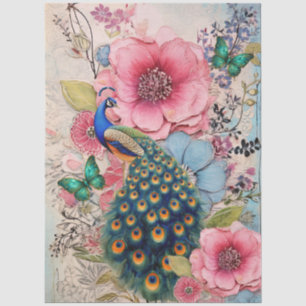Peacock Pink & Blue Shabby Chic Florals Decoupage Tissue Paper