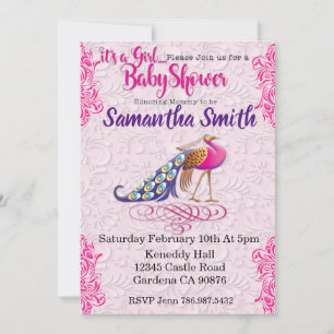 Peacock pink floral Baby shower invitation