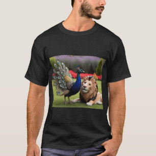 Peacock Playing with Lion – Unique Wildlife Art T-Shirt