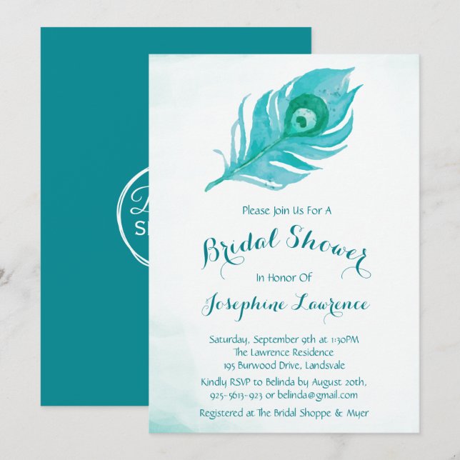 Peacock Plume Bridal Shower Invitations (Front/Back)