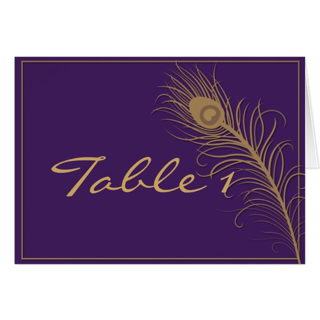 Peacock Plume in Gold and Plum Table Number Card (Front Horizontal)