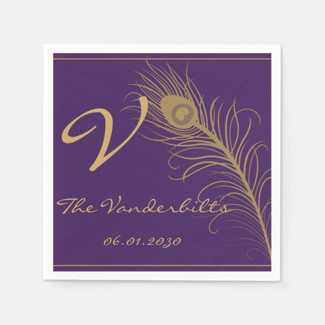 Peacock Plume in Gold and Purple Plum Napkin (Front)