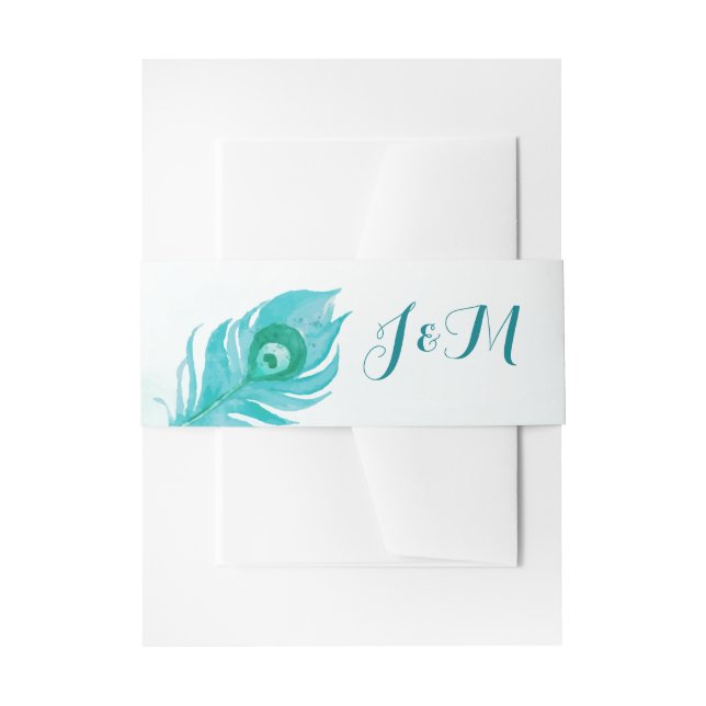 Peacock Plume Monogram Watercolor Wedding Invitation Belly Band (Front Example)