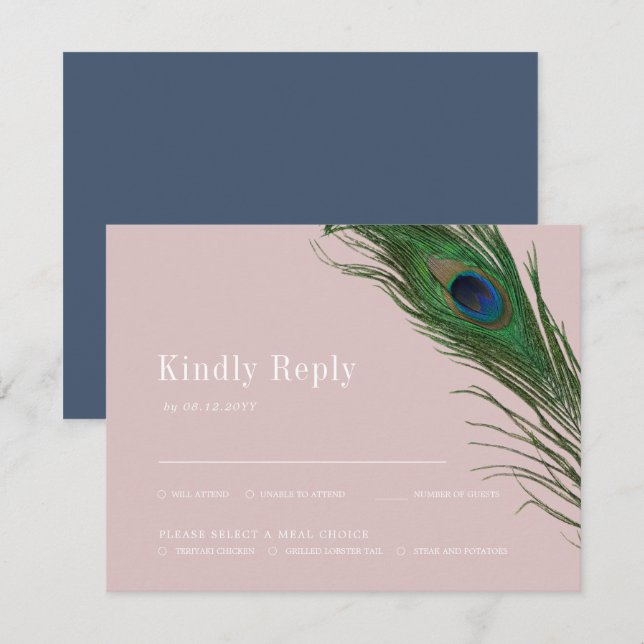 Peacock Poise | Wedding Peach Reply Meal Choice RS RSVP Card (Front/Back)