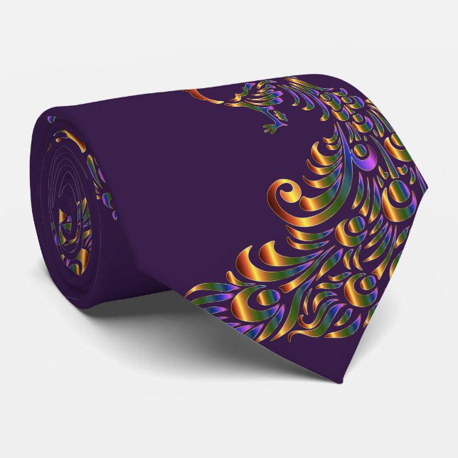 Peacock Print Gold Green Necktie (Rolled)