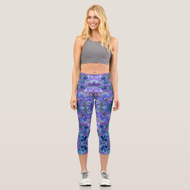 Peacock Purple, Blue and Green Marbled Look Leggin Capri Leggings (Front)