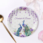 Peacock purple flowers Indian wedding tableware Paper Plate<br><div class="desc">Peacock and purple flowers watercolor Indian wedding tableware personalised party plates. Two beautiful peacocks purple jasmine flowers wisteria hanging blooms and garlands party template plates</div>