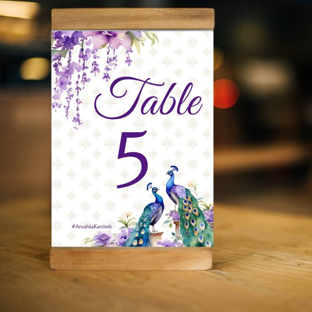 Peacock purple Indian wedding  Table Number (Peacock purple wisteria  flowers Indian wedding Table Number card )