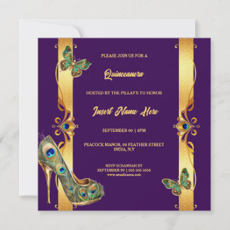 Peacock Quinceañera gold purple glam feathers Holiday Card