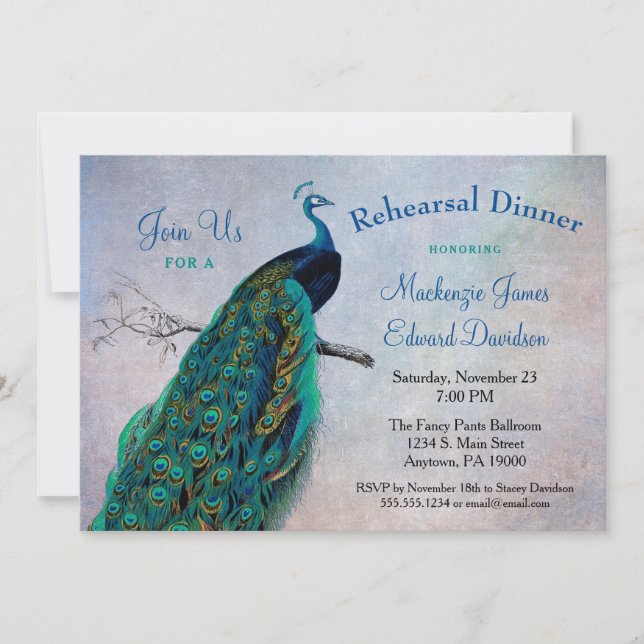 Peacock Rehearsal Dinner Invitation Vintage Blue (Front)
