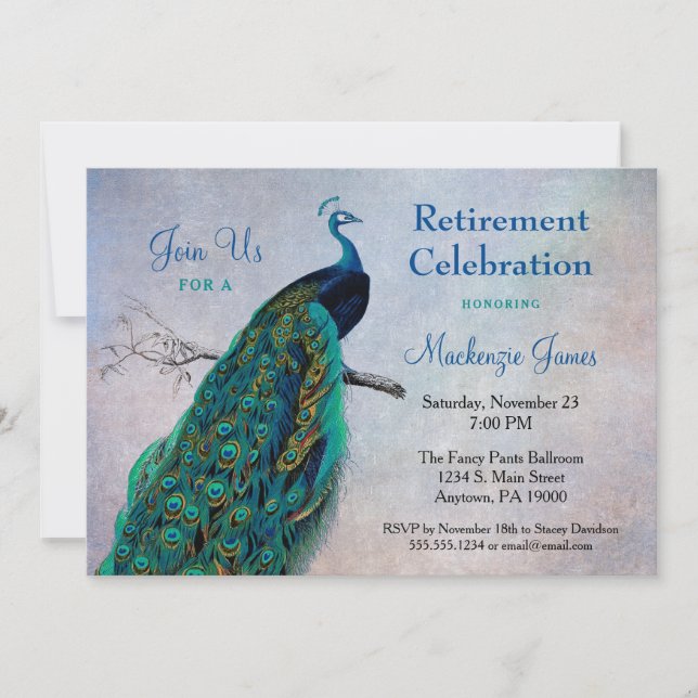 Peacock Retirement Invitation Vintage Blue Bird (Front)