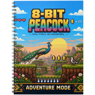 Peacock, Retro 8-Bit Pixel Art Notebook