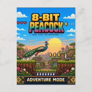 Peacock, Retro 8-Bit Pixel Art Postcard