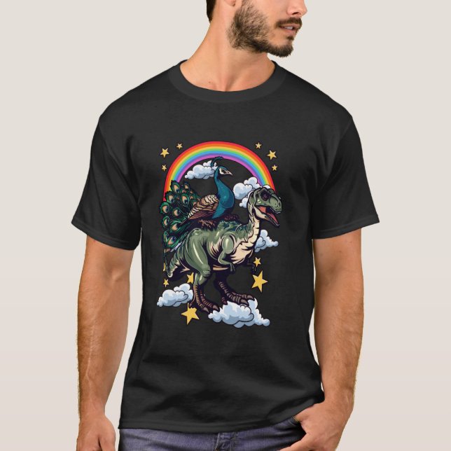 Peacock Riding a Dinosaur Dino T-Shirt (Front)