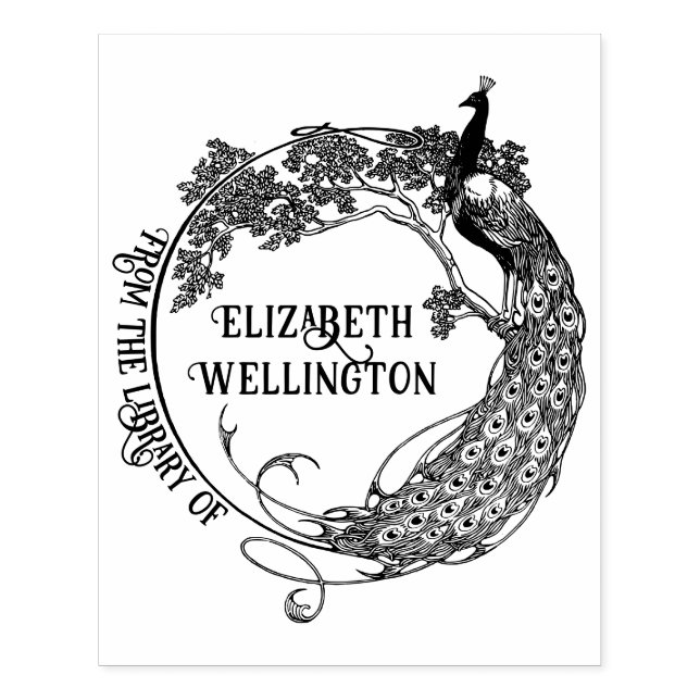 Peacock Rnd Frame Art Nouveau Library Book Name #2 Rubber Stamp (Imprint)