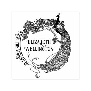 Peacock Rnd Frame Art Nouveau Library Book Name #2 Self-inking Stamp