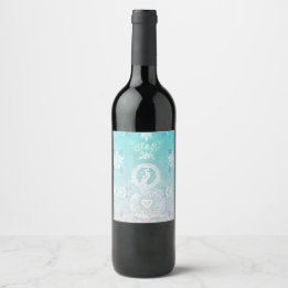 Peacock romantic wedding, heart and personalized wine label