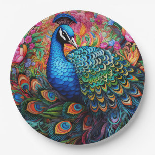 Peacock Roses Elegant Pretty Paper Plate