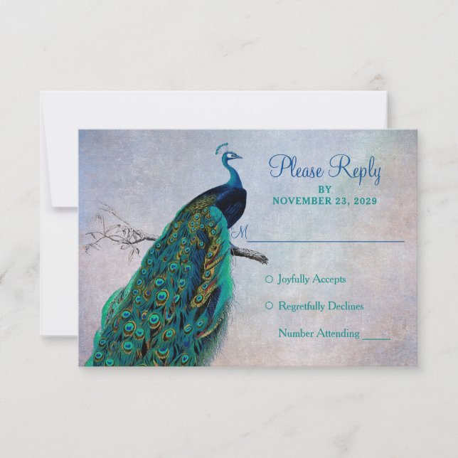 Peacock RSVP Wedding Response Card Vintage Blue (Front)