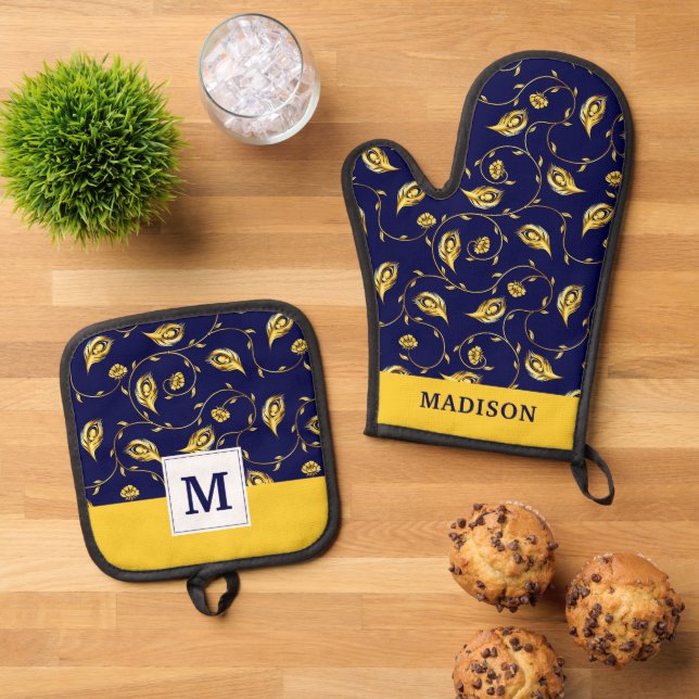 Peacock Sari Pattern Oven Mitt & Pot Holder Set (Top Down)