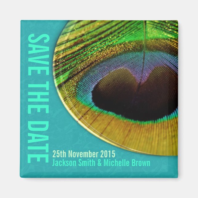 Peacock Save the Date Aqua Magnet (Front)