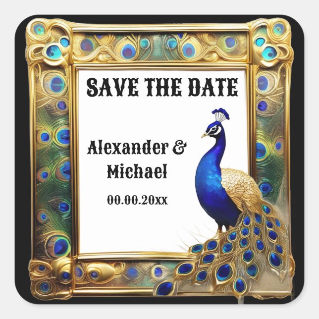 Peacock save the date art nouveau feathers square sticker (Front)