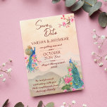Peacock save the date template invitation<br><div class="desc">Peacock save the date template invitation instant download,  Indian wedding save the date invitation,   peach light background two peacocks with flowers and mountains in the background.</div>