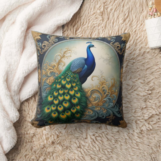 Peacock Showcasing Floral Feathers Cushion (Blanket)