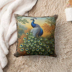 Peacock Showing Feathers in Autumn Cushion