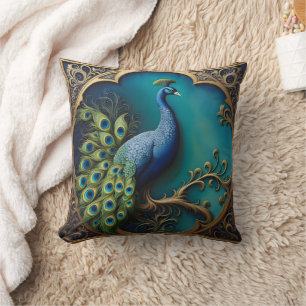 Peacock Showing Feathers on Bright Background Cushion