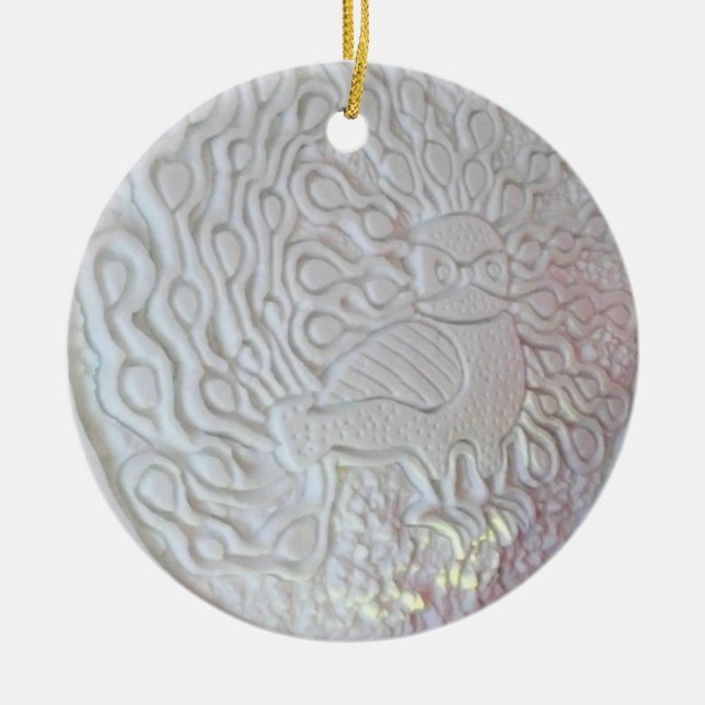 Peacock Snow Sculpture, Hotel de Glace, Quebec Ceramic Tree Decoration (Front)