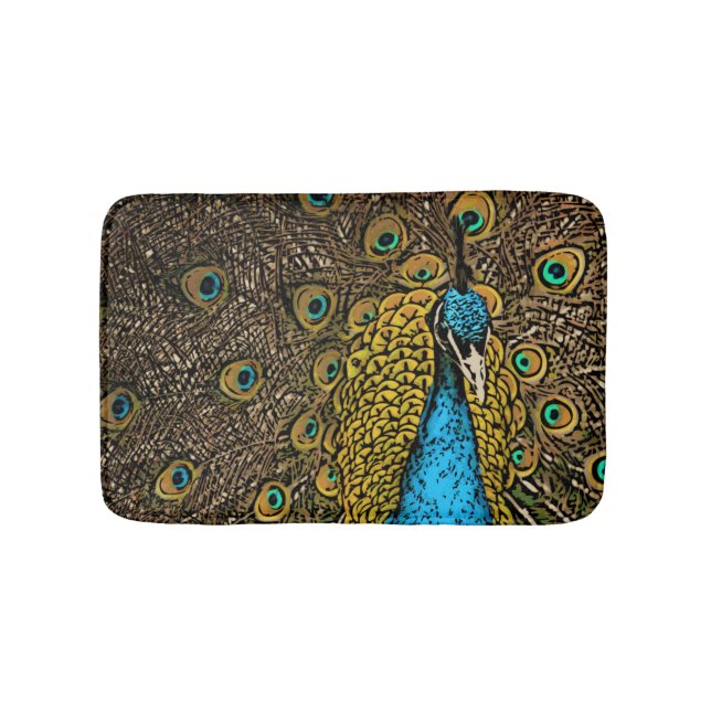 Peacock Splendour Illustration Bath Mat (Front)