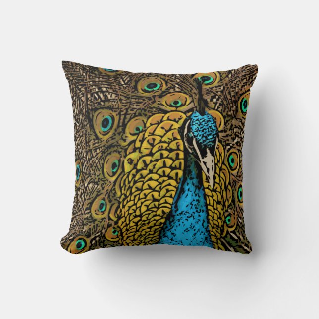 Peacock Splendour Illustration Cushion (Front)