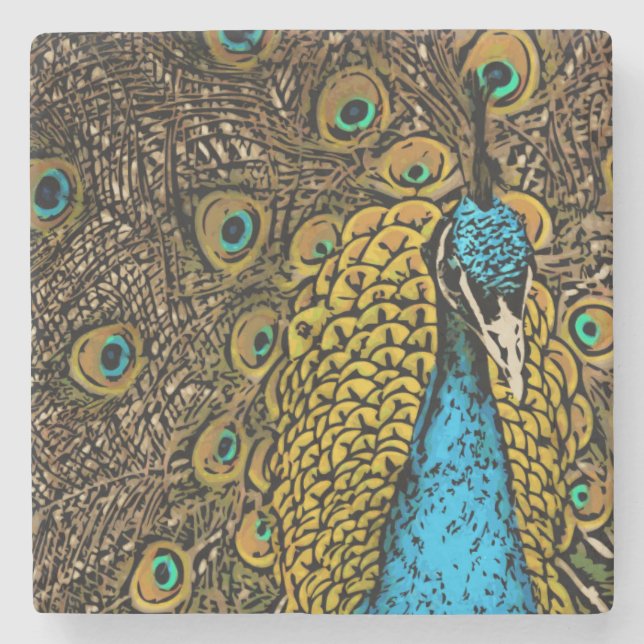 Peacock Splendour Illustration Stone Coaster (Front)