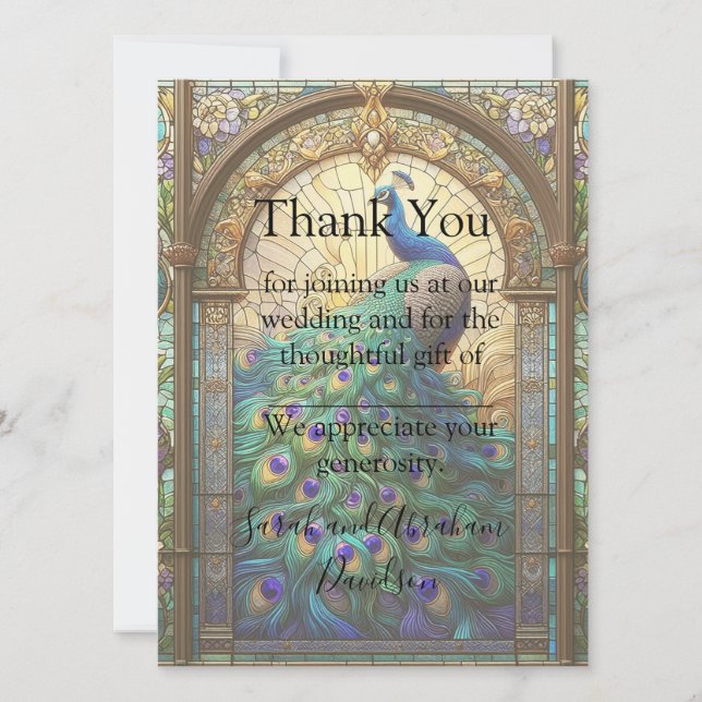 Peacock Stained Glass Pre-filled Thank You Cards (Front)
