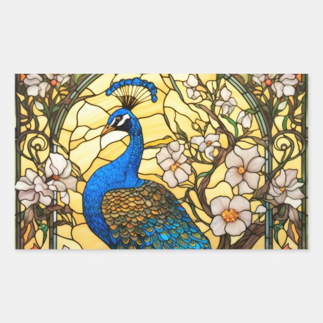 Peacock Stained Glass Window Design Rectangular Sticker (Front)