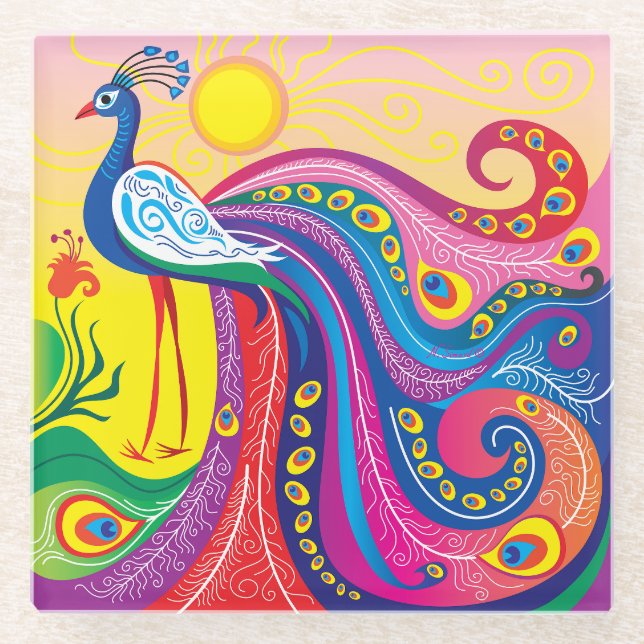 Peacock Sunrise Glass Coaster (Front)
