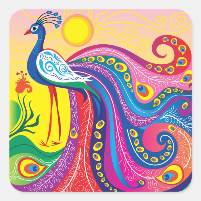 Peacock Sunrise Square Sticker (Front)