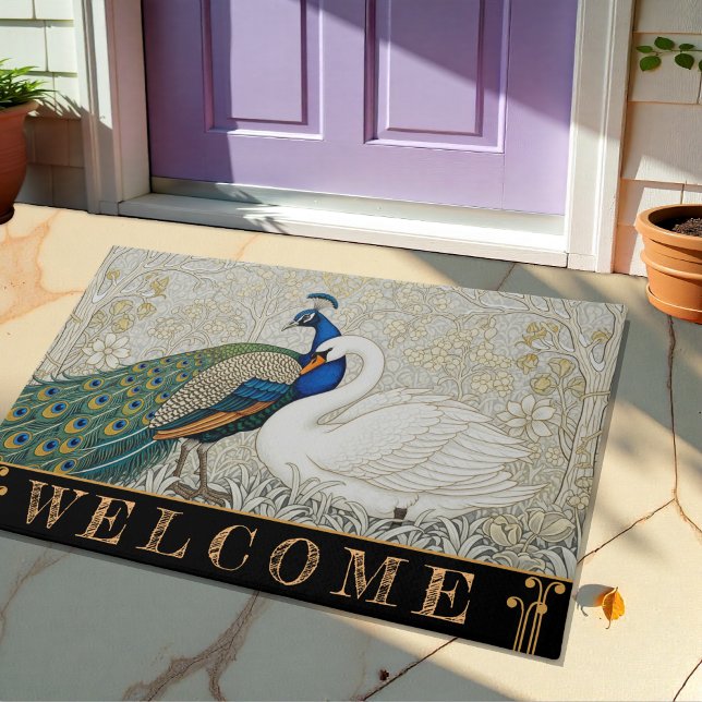 Peacock & Swan Art Nuovo Winter / Gold Floral Doormat (Creator Uploaded)