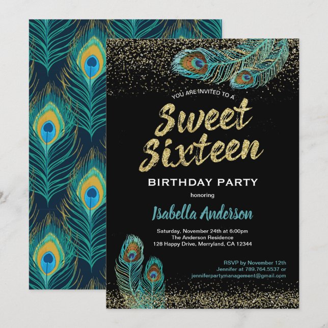 Peacock sweet sixteen 16 birthday party teal gold invitation (Front/Back)