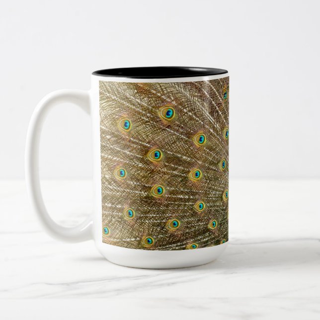 Peacock Tail Feathers Two-Tone Coffee Mug (Left)