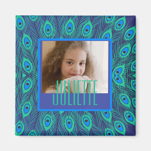 Peacock Teal & Blue Feathers Custom Text & Photo Magnet