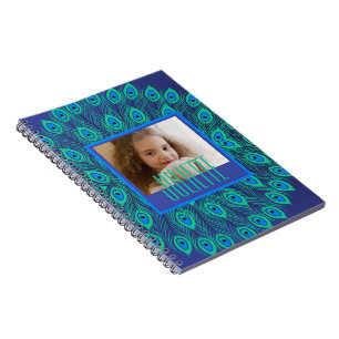 Peacock Teal & Blue Feathers Custom Text & Photo Notebook