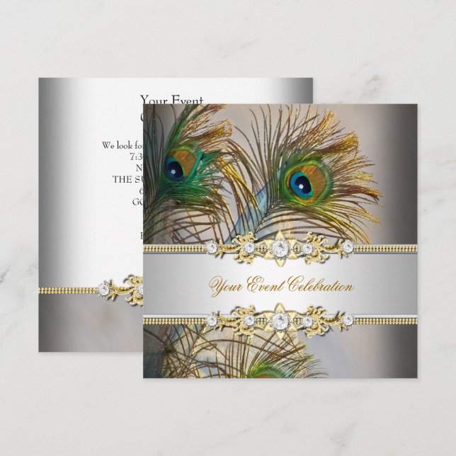 Peacock Teal Blue Gold Elegant Party Invitation (Front/Back)